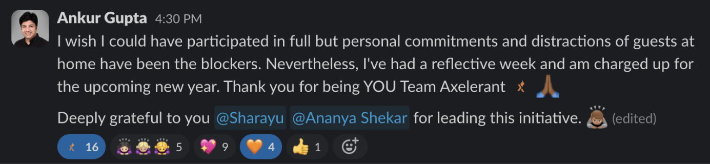 Axelerant CEO Ankur Gupta praising the efforts behind Gratitude Week