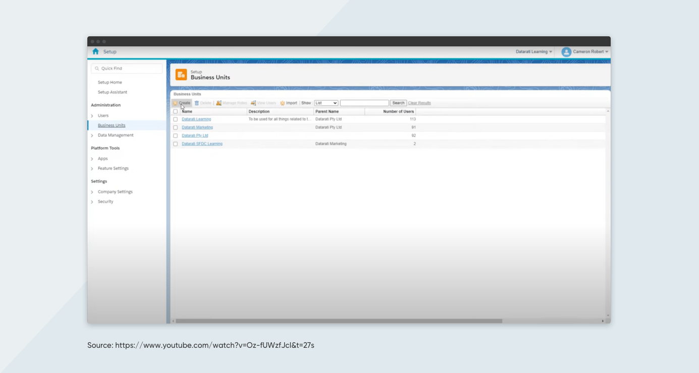 create button available within the “Business Unit” option