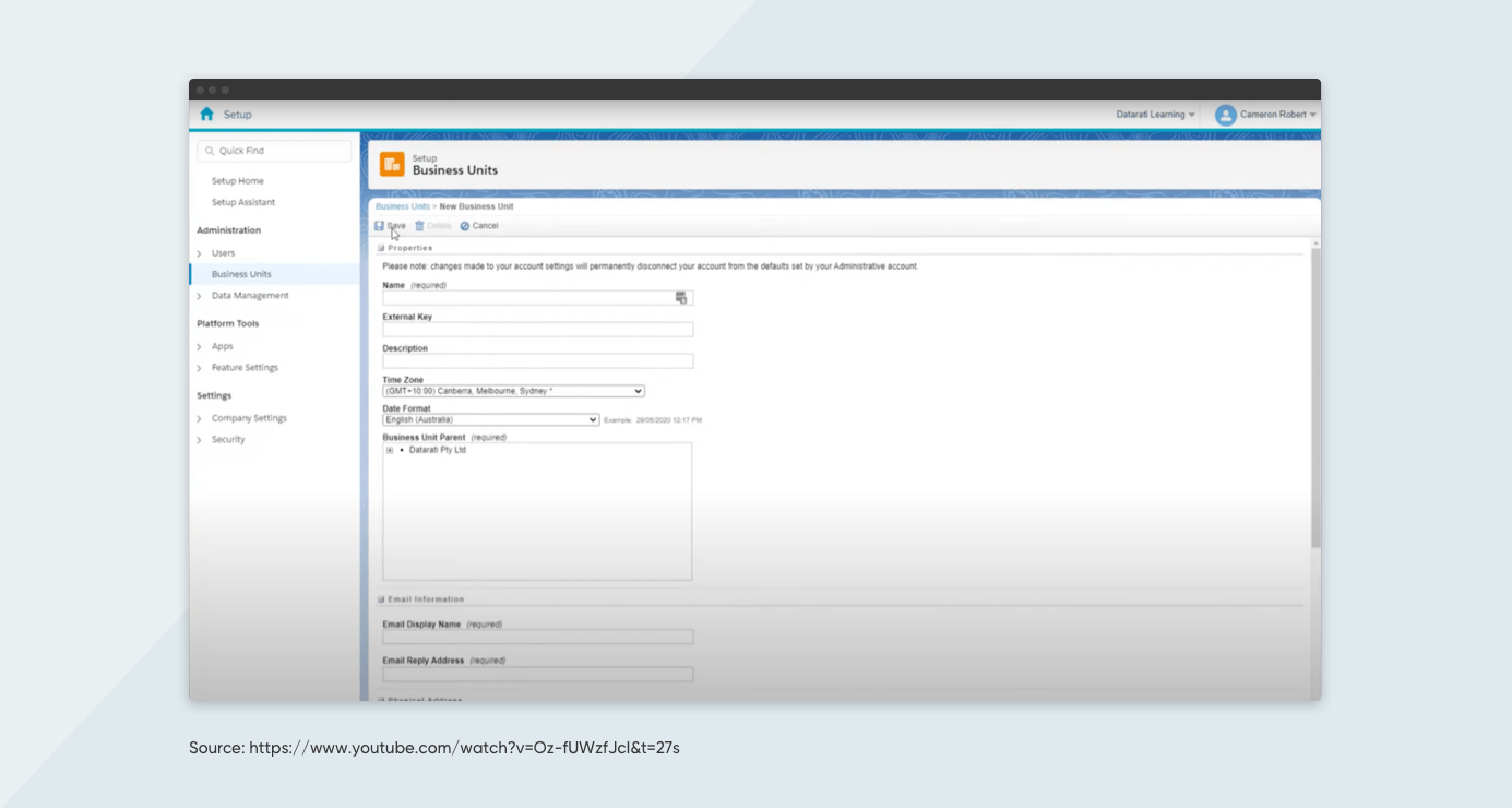 Click the save button after entering all the details of the Business Unit