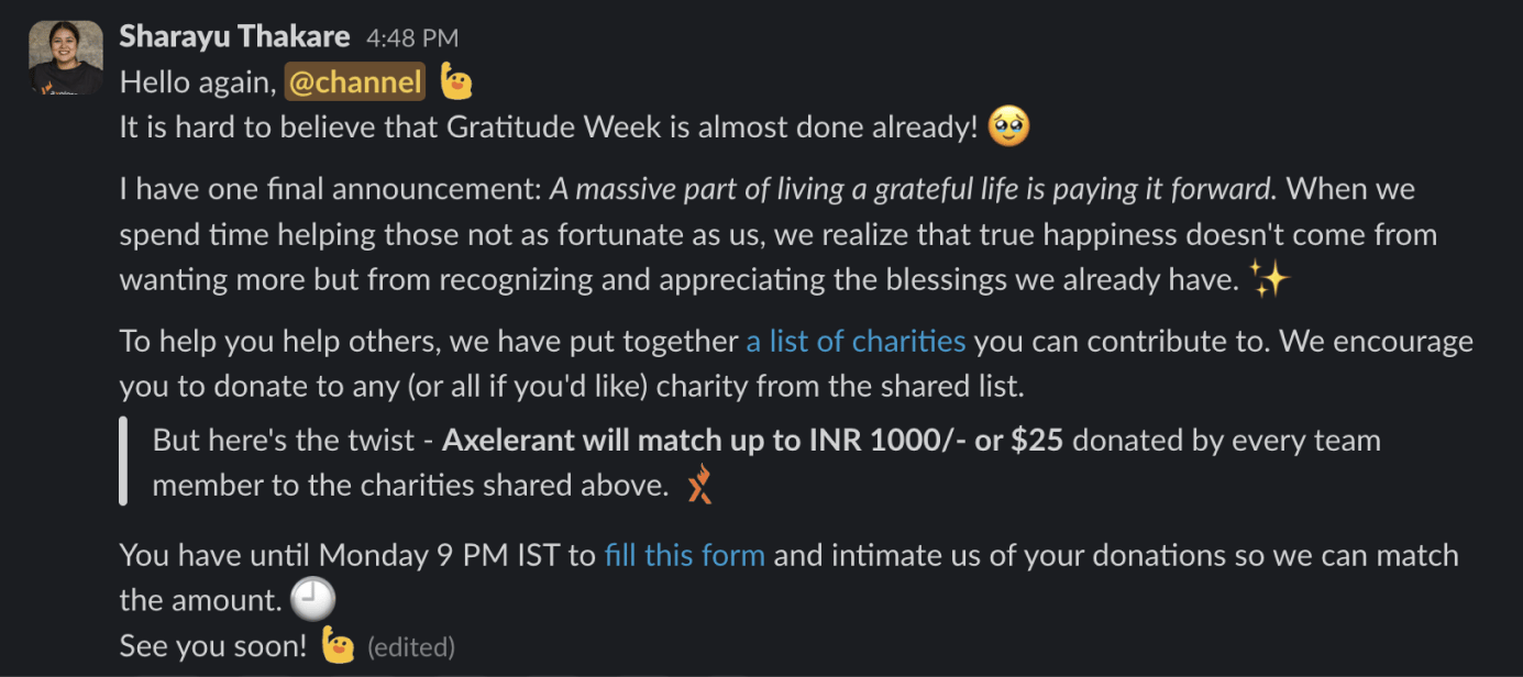 Message about charity donations during Axelerant_s Gratitude week