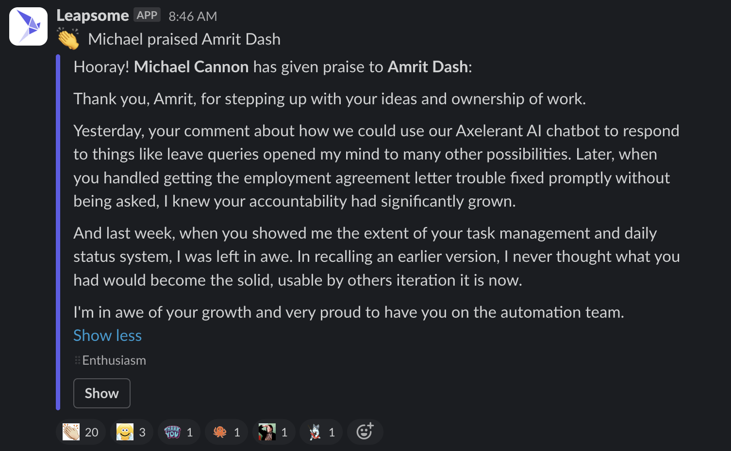 Michael recognizing a team members work ownership