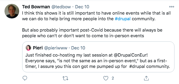 Axelerant at DrupalCon Europe 2020, a wrap-up Ted Bowman retweets Pierina's tweet on Co-hosting DrupalCon Europe 2020