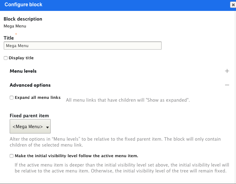 Advance options for adding menu block in layout modal window
